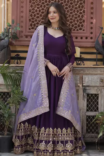 Purple georgette readymade anarkali suit with zari & sequin  work