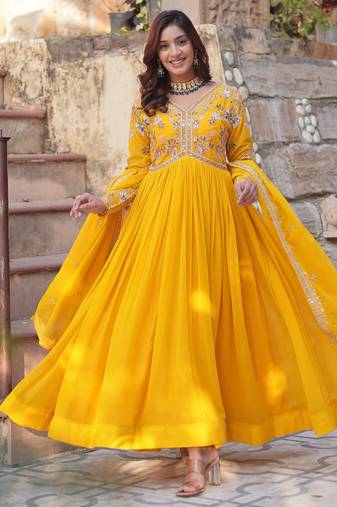 Yellow georgette readymade anarkali suit with zari & sequin  work