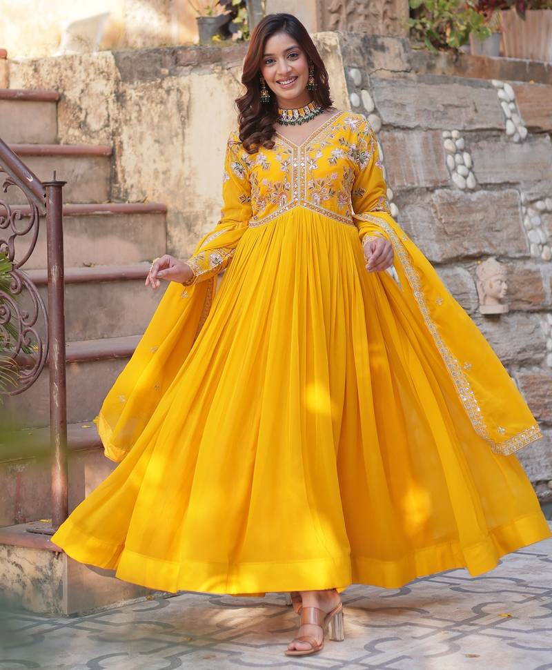 Yellow georgette readymade anarkali suit with zari & sequin  work