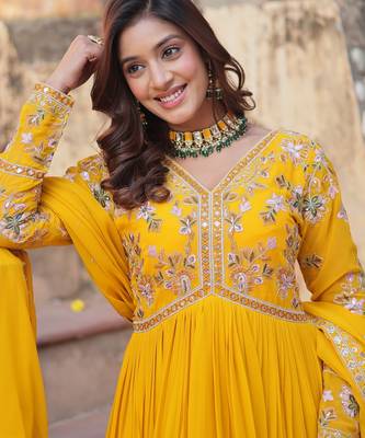 Yellow georgette readymade anarkali suit with zari & sequin  work 2