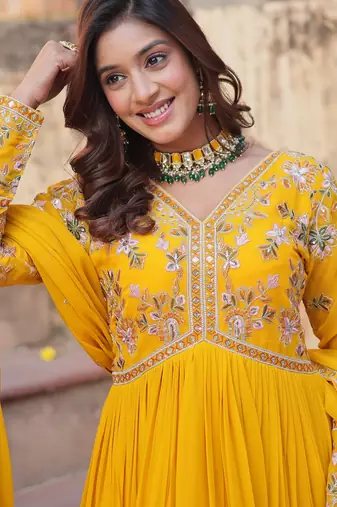 Yellow georgette readymade anarkali suit with zari & sequin  work