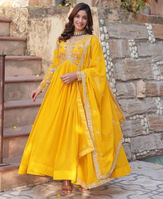 Yellow georgette readymade anarkali suit with zari & sequin  work 3