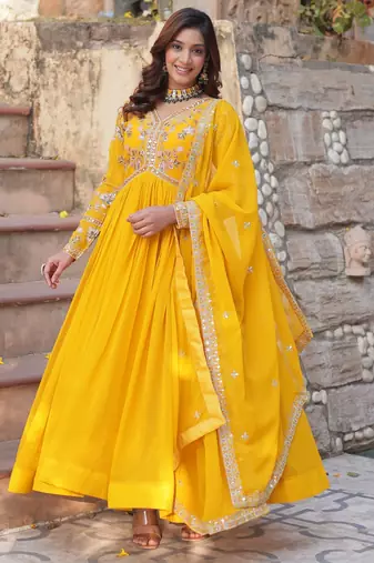Yellow georgette readymade anarkali suit with zari & sequin  work
