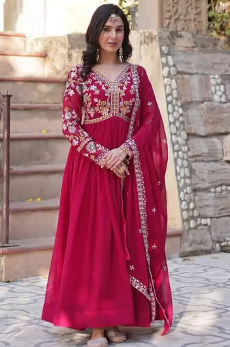 Red georgette readymade anarkali suit with zari & sequin  work