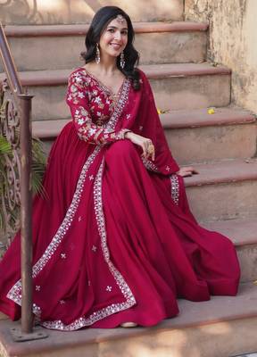 Red georgette readymade anarkali suit with zari & sequin  work 2