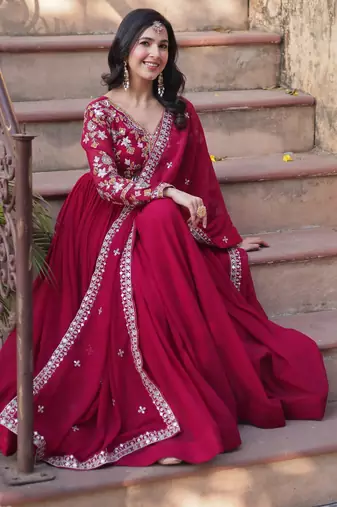 Red georgette readymade anarkali suit with zari & sequin  work