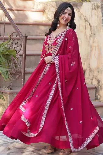Red georgette readymade anarkali suit with zari & sequin  work