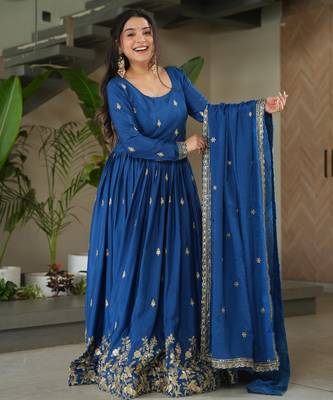 D blue chinon readymade anarkali suit with zari & sequin  work 1