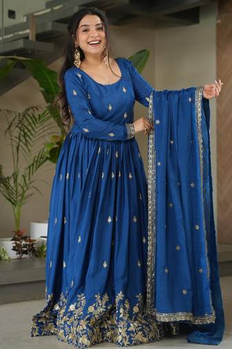 D blue chinon readymade anarkali suit with zari & sequin  work