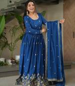 D blue chinon readymade anarkali suit with zari & sequin  work