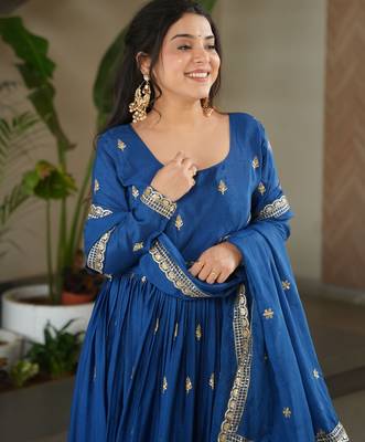 D blue chinon readymade anarkali suit with zari & sequin  work 2
