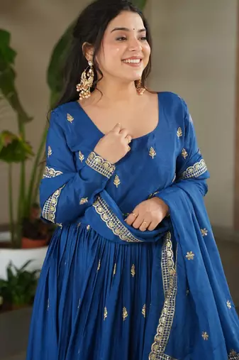 D blue chinon readymade anarkali suit with zari & sequin  work