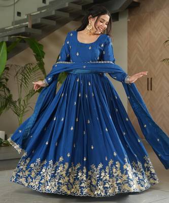 D blue chinon readymade anarkali suit with zari & sequin  work 3