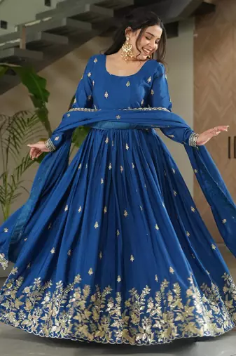 D blue chinon readymade anarkali suit with zari & sequin  work