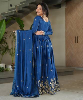 D blue chinon readymade anarkali suit with zari & sequin  work 4