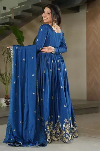 D blue chinon readymade anarkali suit with zari & sequin  work
