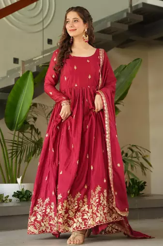 Red chinon readymade anarkali suit with zari & sequin  work