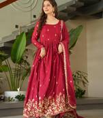 Red chinon readymade anarkali suit with zari & sequin  work