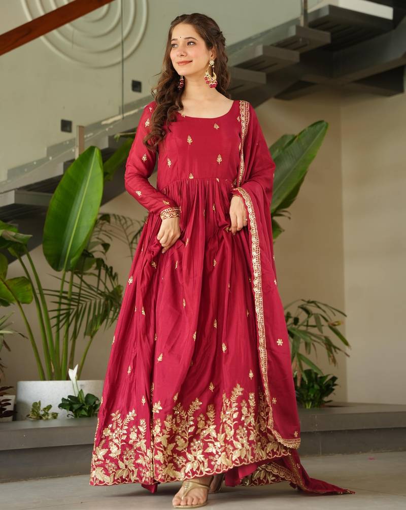 Red chinon readymade anarkali suit with zari & sequin  work