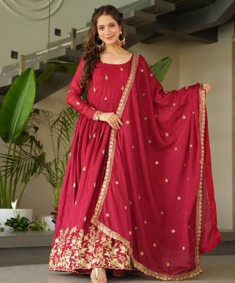 Red chinon readymade anarkali suit with zari & sequin  work 3