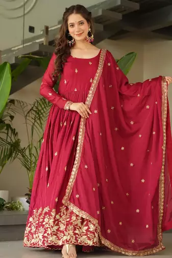 Red chinon readymade anarkali suit with zari & sequin  work