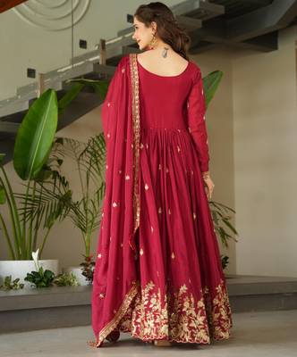 Red chinon readymade anarkali suit with zari & sequin  work 4