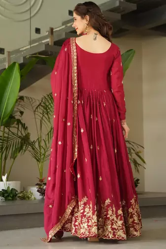 Red chinon readymade anarkali suit with zari & sequin  work