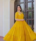 Yellow georgette readymade gown with embroidery & beads work