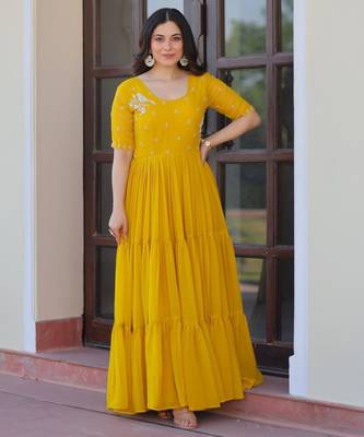 Yellow georgette readymade gown with embroidery & beads work 2