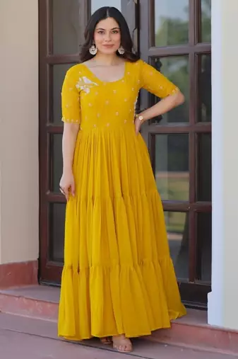 Yellow georgette readymade gown with embroidery & beads work