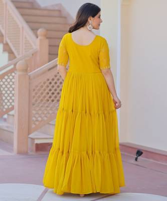 Yellow georgette readymade gown with embroidery & beads work 4