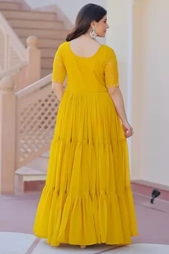 Yellow georgette readymade gown with embroidery & beads work