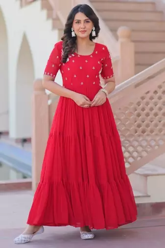 Red georgette readymade gown with embroidery & beads work