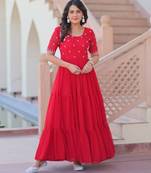 Red georgette readymade gown with embroidery & beads work