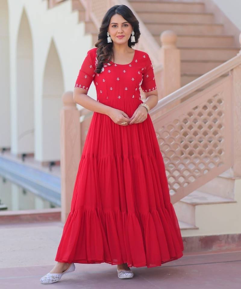 Red georgette readymade gown with embroidery & beads work