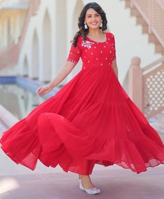 Red georgette readymade gown with embroidery & beads work 2