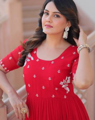 Red georgette readymade gown with embroidery & beads work 3