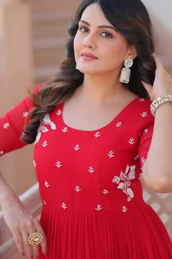 Red georgette readymade gown with embroidery & beads work