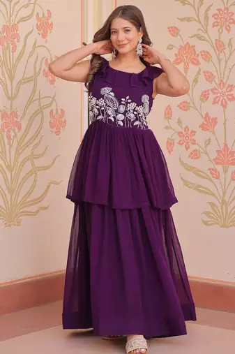 Violet georgette readymade gown with embroidery & beads work