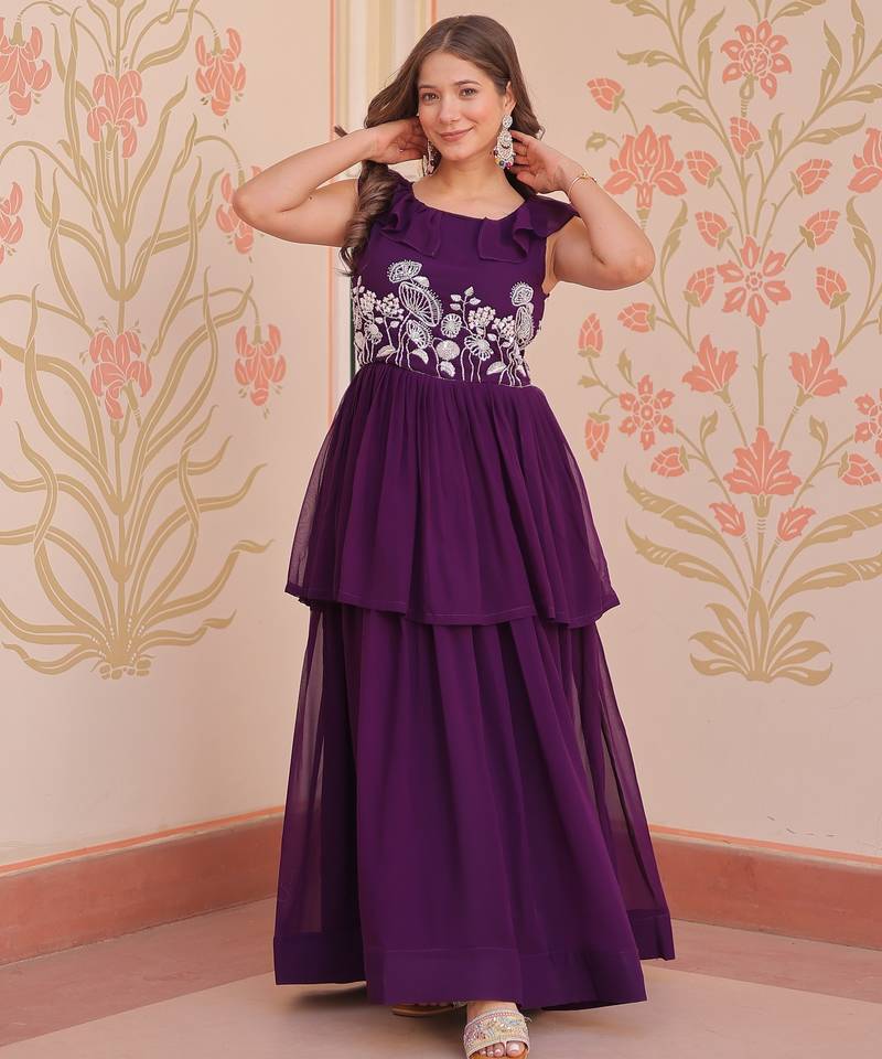 Violet georgette readymade gown with embroidery & beads work