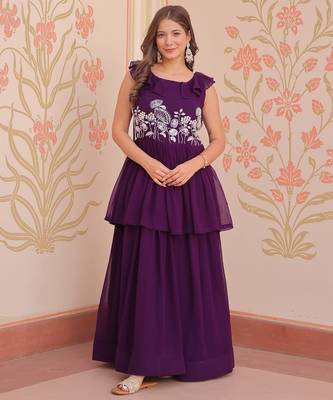 Violet georgette readymade gown with embroidery & beads work 3