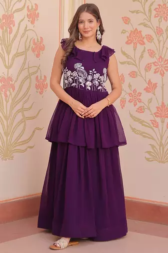 Violet georgette readymade gown with embroidery & beads work