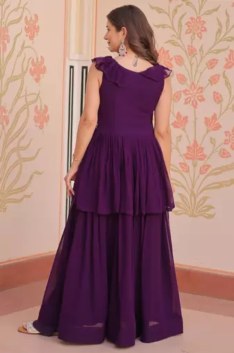 Violet georgette readymade gown with embroidery & beads work