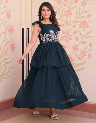 Navy georgette readymade gown with embroidery & beads work 1