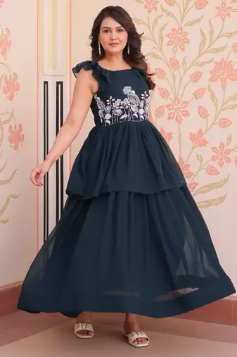 Navy georgette readymade gown with embroidery & beads work