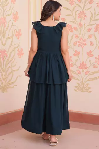 Navy georgette readymade gown with embroidery & beads work