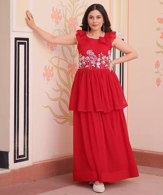 Red georgette readymade gown with embroidery & beads work 1