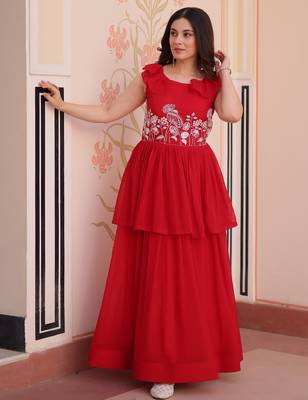 Red georgette readymade gown with embroidery & beads work 3
