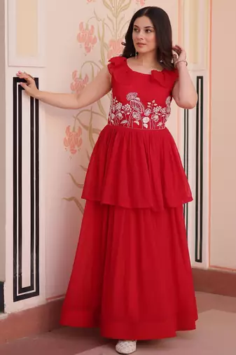 Red georgette readymade gown with embroidery & beads work