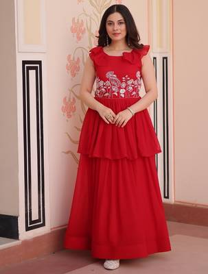 Red georgette readymade gown with embroidery & beads work 4
